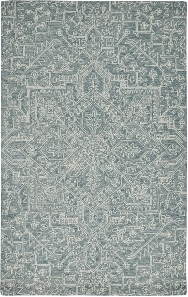 5' x 8' Wool Floral Tufted Handmade Stain Resistant Area Rug - Blue Ivory And Green