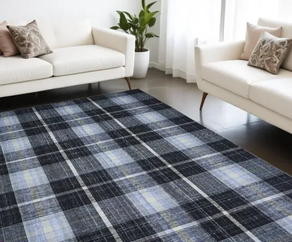 8' x 10' Abstract Hand Woven Stain Resistant Area Rug - Black Blue And White