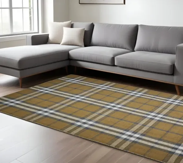 8' x 10' Abstract Hand Woven Stain Resistant Area Rug - Gold Blue And White