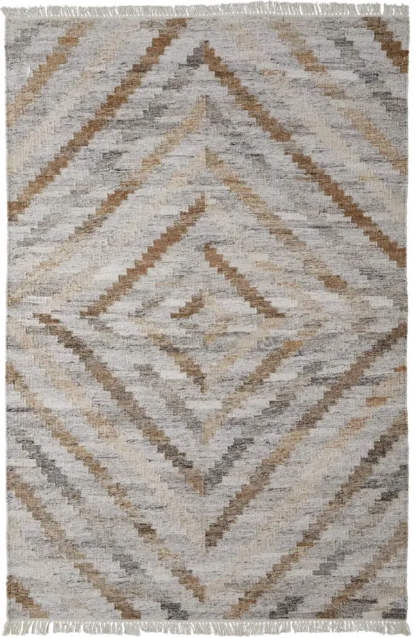 2' x 3' Geometric Hand Woven Stain Resistant Area Rug With Fringe - Ivory Gray And Tan