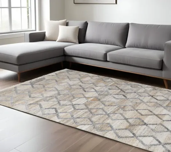 8' x 10' Geometric Hand Woven Stain Resistant Area Rug With Fringe - Gray Ivory And Tan
