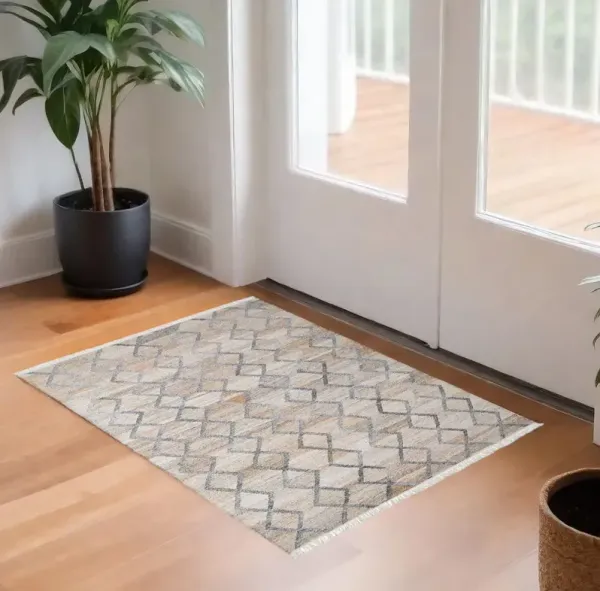 2' x 3' Geometric Hand Woven Stain Resistant Area Rug With Fringe - Gray Ivory And Tan
