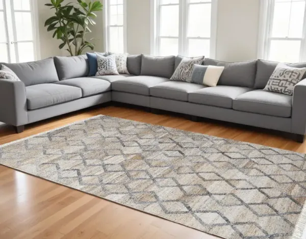 10' x 13' Geometric Hand Woven Stain Resistant Area Rug With Fringe - Gray Ivory And Tan