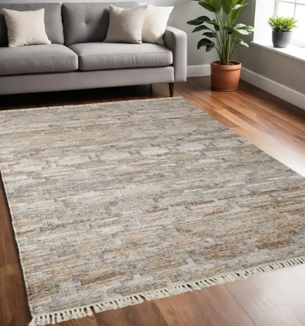5' x 8' Geometric Hand Woven Stain Resistant Area Rug With Fringe - Tan Gray And Ivory