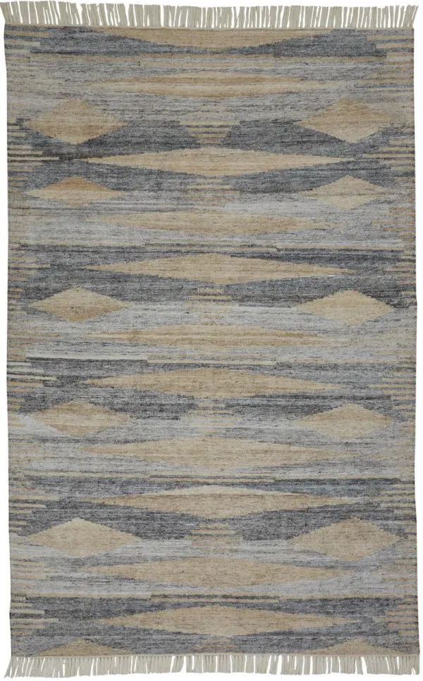 5' x 8' Abstract Hand Woven Stain Resistant Area Rug With Fringe - Gray Tan And Silver