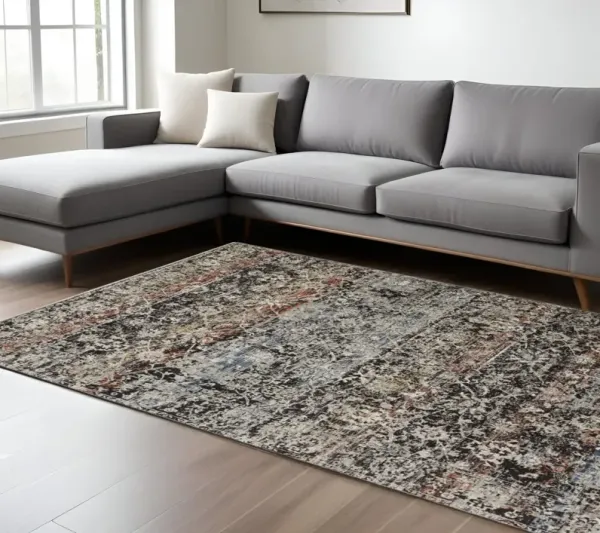 7' x 10' Abstract Distressed Area Rug With Fringe - Gray Black And Red