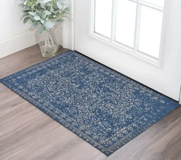 2' x 3' Wool Floral Tufted Handmade Distressed Area Rug - Blue And Silver
