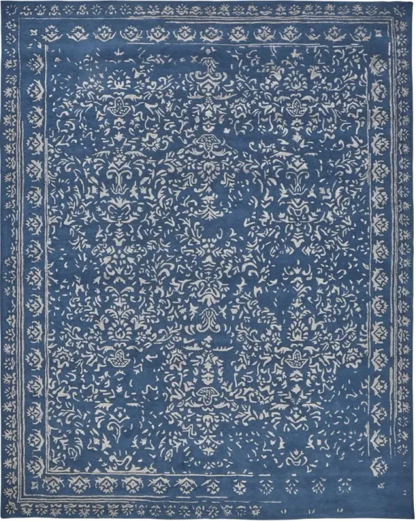 10' x 14' Wool Floral Tufted Handmade Distressed Area Rug - Blue And Silver