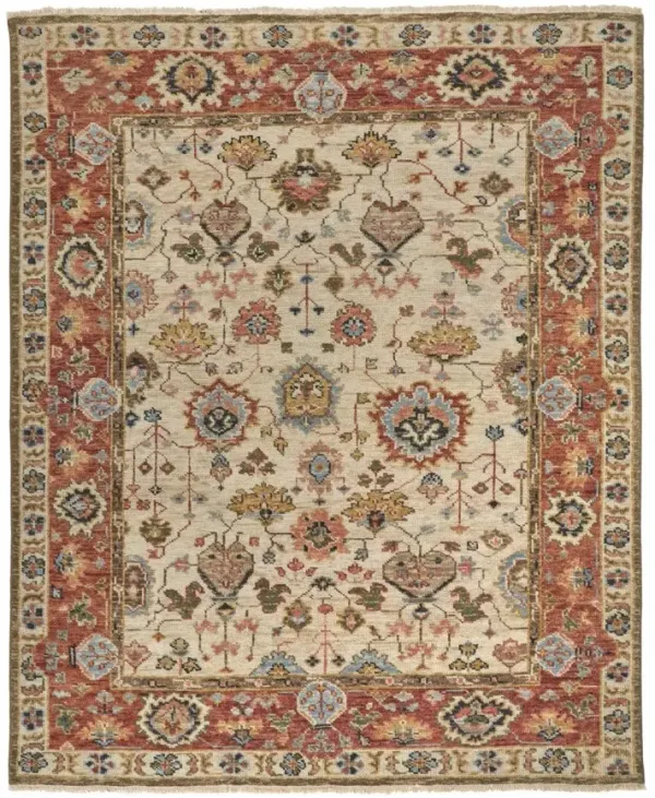 9' x 12' Wool Floral Hand Knotted Area Rug With Fringe - Red And Ivory