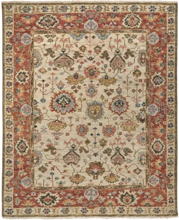10' x 13' Wool Floral Hand Knotted Stain Resistant Area Rug - Ivory Red And Blue