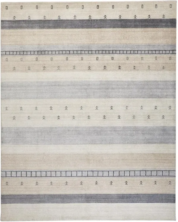 10' x 13' Wool Striped Hand Knotted Stain Resistant Area Rug - Ivory Tan And Gray