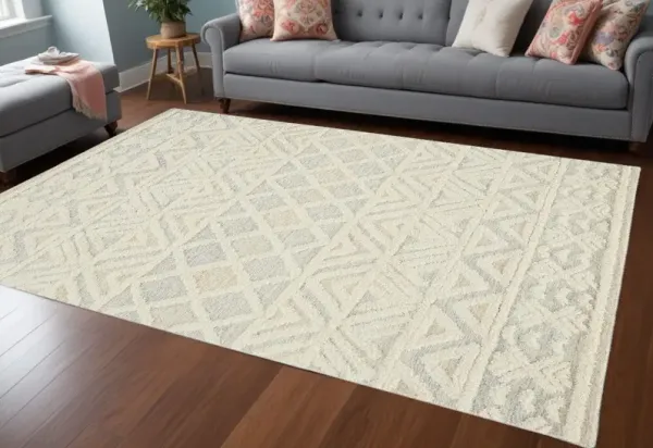 8' x 10' Wool Geometric Tufted Handmade Stain Resistant Area Rug - Ivory Blue And Tan