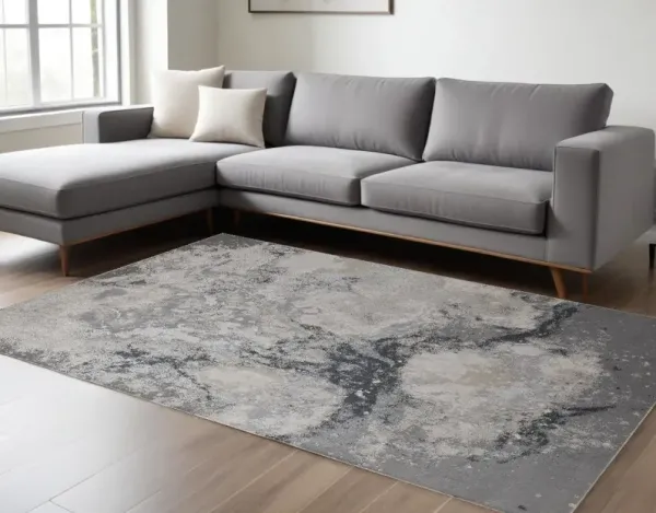 8' x 10' Abstract Polyester Area Rug - Ivory Black And Gray