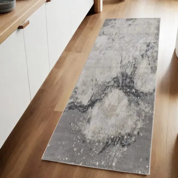 8' Abstract Power Loom Polyester Runner Rug - Gray And Ivory