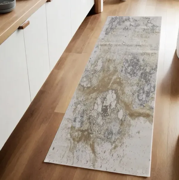 8' Abstract Power Loom Runner Rug - Gray Gold And Ivory