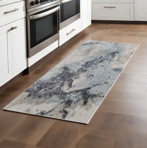 8' Abstract Power Loom Runner Rug - Blue Gray And Ivory