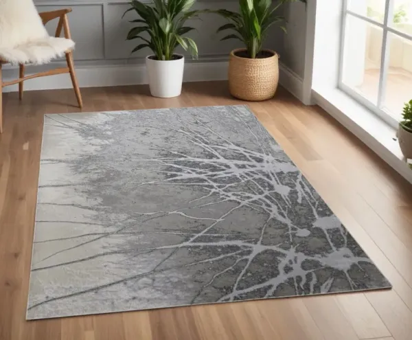 4' x 6' Abstract Power Loom Area Rug - Gray Silver And Ivory