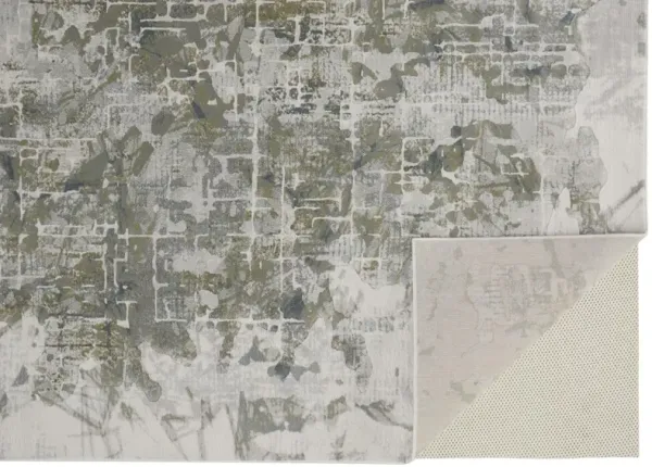 3' x 5' Abstract Distressed Stain Resistant Area Rug - Green Gray And Ivory