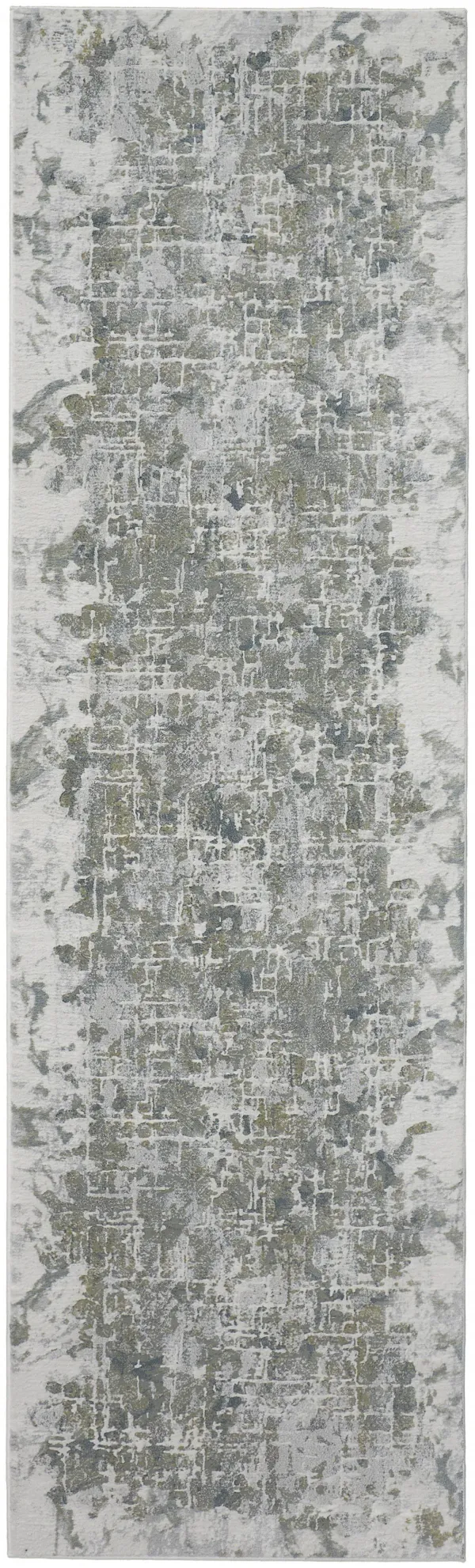 8' Abstract Distressed Stain Resistant Runner Rug - Green Gray And Ivory