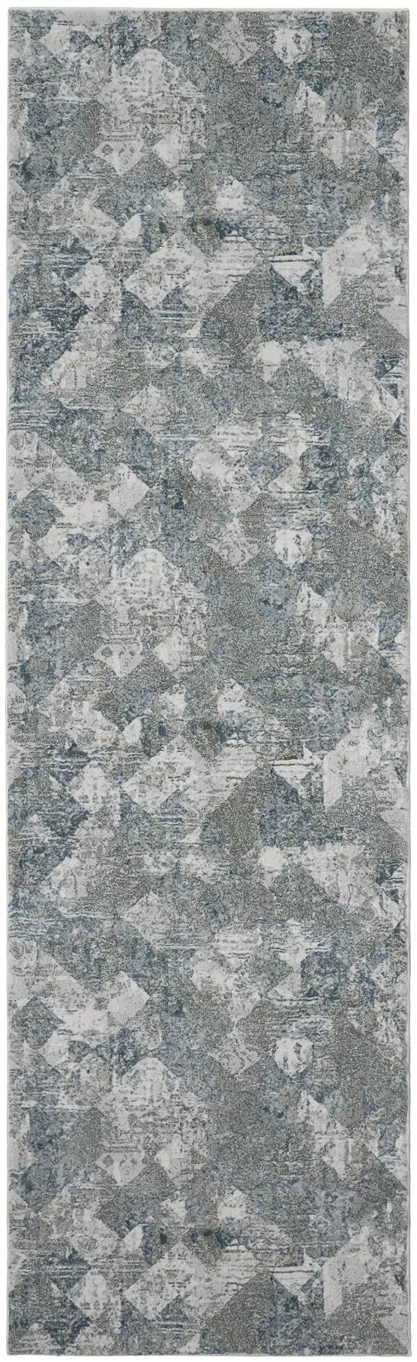 8' Patchwork Distressed Stain Resistant Runner Rug - Green And Ivory