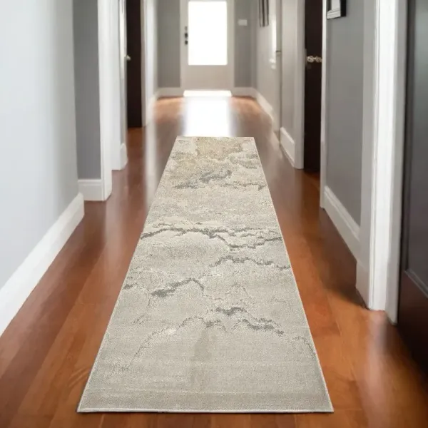 8' Abstract Power Loom Runner Rug - Brown And Ivory