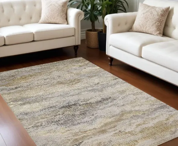 7' x 10' Abstract Stain Resistant Area Rug - Gold Gray And Ivory