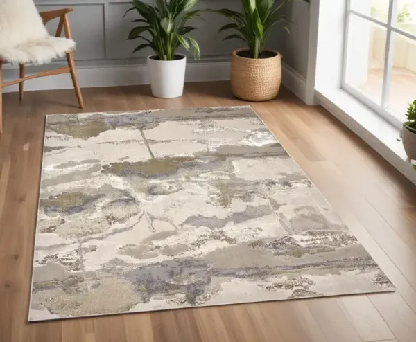 4' x 6' Abstract Area Rug - Gray Ivory And Gold