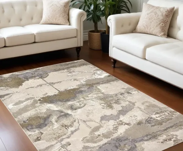 10' x 13' Abstract Stain Resistant Area Rug - Gray Ivory And Gold