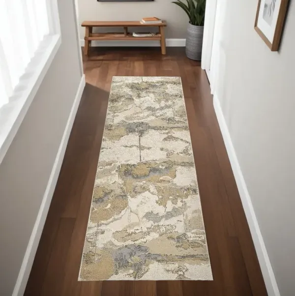 8' Abstract Power Loom Runner Rug - Gold And Ivory