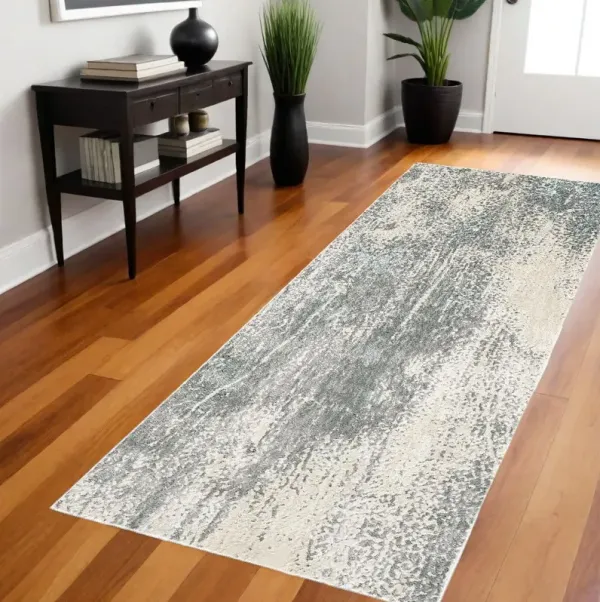 8' Contemporary Abstract Power Loom Runner Rug - Gray And Ivory