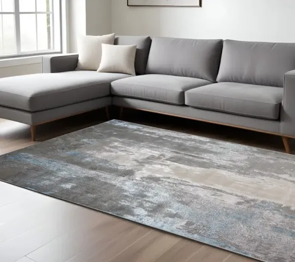 8' x 10' Abstract Polyester Area Rug - Gray Ivory And Blue