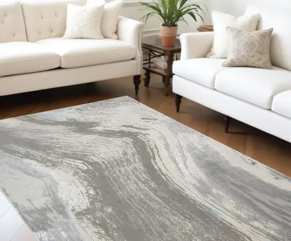 6.6' x 9.5' Abstract Stain Resistant Area Rug - Gray Ivory And Blue