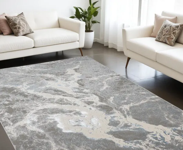 6.6' x 9.5' Contemporary Abstract Power Loom Area Rug - Gray And Ivory