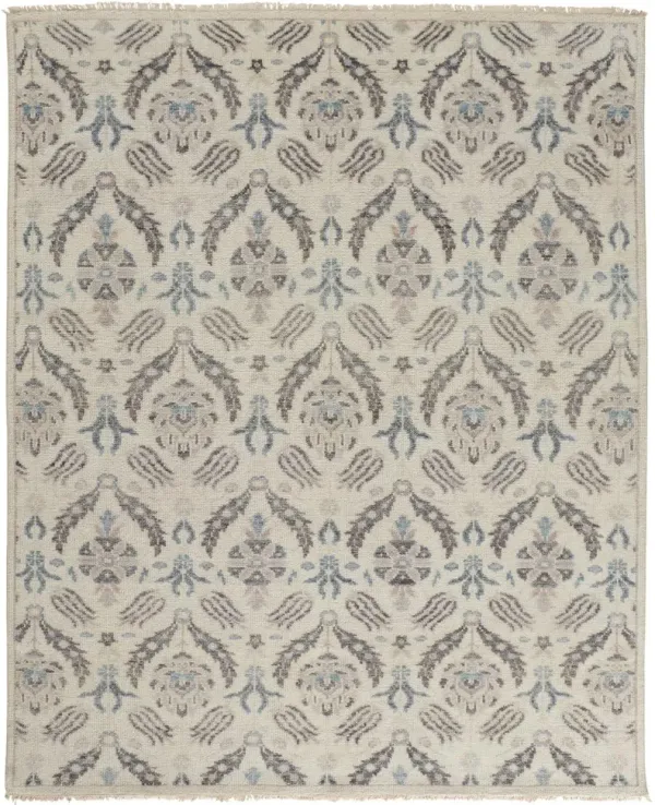 4' x 6' Wool Floral Hand Knotted Stain Resistant Area Rug - Ivory Gray And Blue