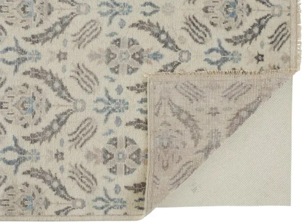 8' x 10' Wool Floral Hand Knotted Stain Resistant Area Rug - Ivory Gray And Blue