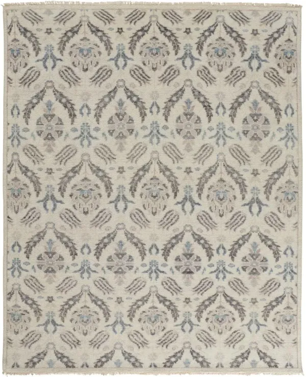 9' x 12' Wool Floral Hand Knotted Stain Resistant Area Rug - Ivory Gray And Blue