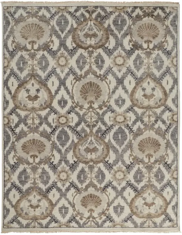 8' x 10' Wool Floral Hand Knotted Stain Resistant Area Rug - Ivory Gray And Taupe