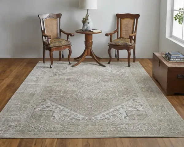 10' x 14' Floral Power Loom Distressed Area Rug - Brown Ivory And Tan
