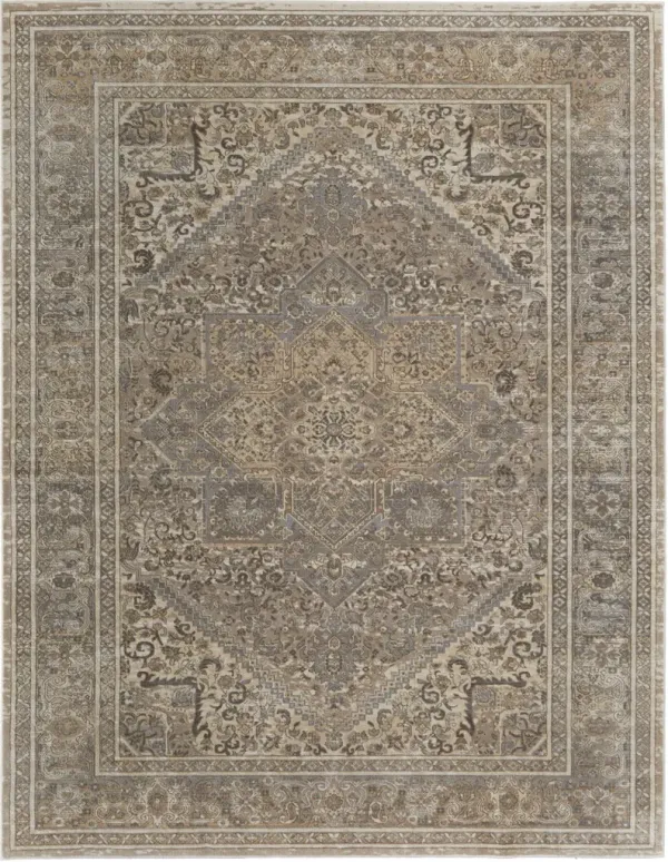 9' x 12' Floral Power Loom Distressed Area Rug - Tan Brown And Ivory