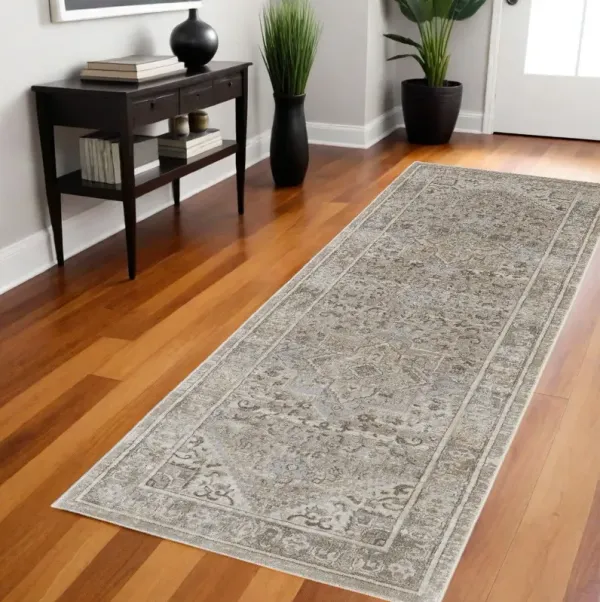 8' Medallion Power Loom Distressed Runner Rug - Brown And Ivory