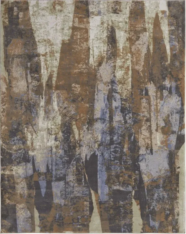 8' x 10' Abstract Power Loom Distressed Area Rug - Brown Blue And Ivory