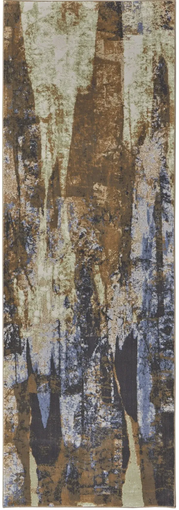 8' Abstract Power Loom Distressed Runner Rug - Brown Blue And Ivory