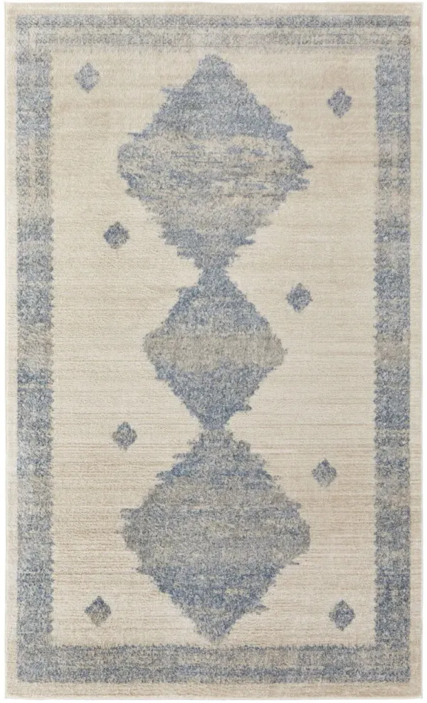 8' x 10' Geometric Power Loom Distressed Area Rug - Blue And Ivory