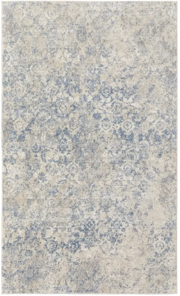 8' x 10' Abstract Power Loom Distressed Area Rug - Blue And Ivory