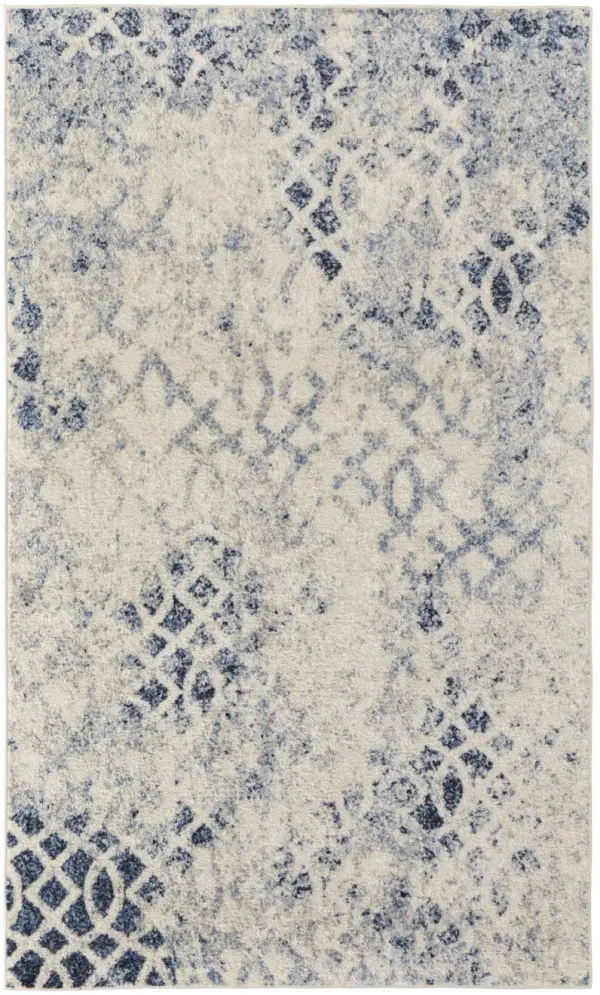 8' x 10' Abstract Power Loom Distressed Polypropylene Area Rug - Ivory And Blue