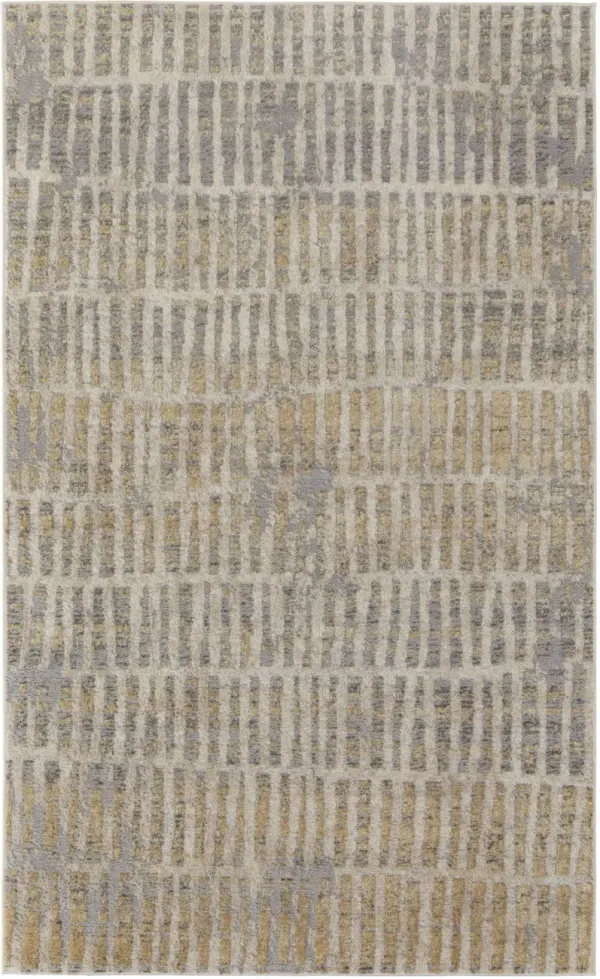8' x 10' Geometric Power Loom Distressed Area Rug - Gray Ivory And Gold