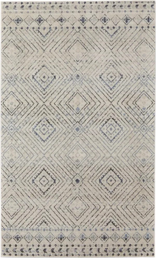 8' x 10' Geometric Power Loom Distressed Area Rug - Ivory Blue And Gray