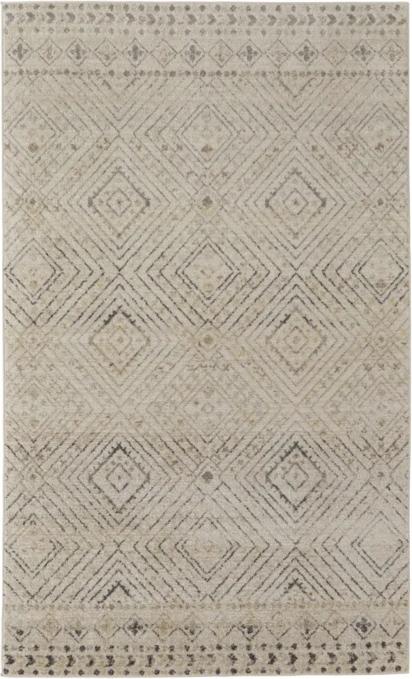 8' x 10' Geometric Power Loom Distressed Area Rug - Ivory And Gray