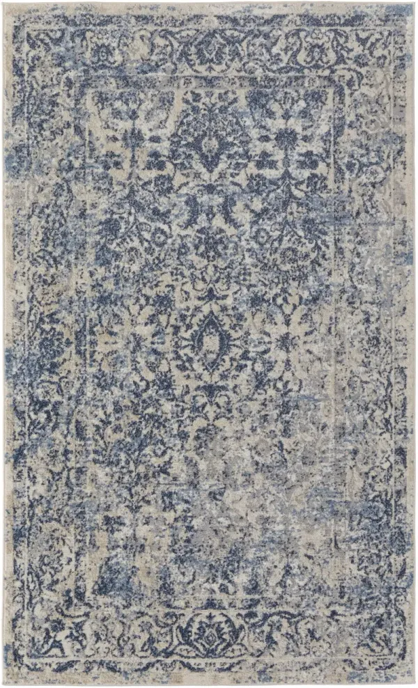 8' x 10' Floral Power Loom Distressed Area Rug - Blue And Ivory