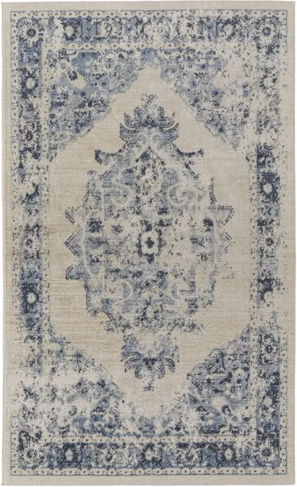 8' x 10' Floral Power Loom Distressed Area Rug - Ivory And Blue